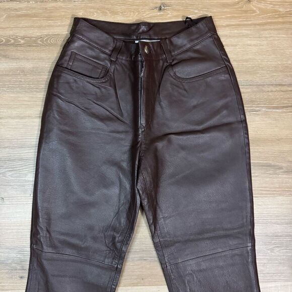 Newport News Women's 6 Petite Genuine Leather Pants Chocolate Brown Straight Leg - Picture 2 of 5